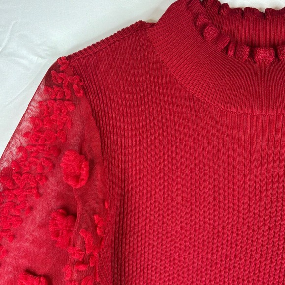 Almost Famous Red Ribbed Bodycon Puff Sleeve Sheer Floral Dress Size M - Picture 2 of 8